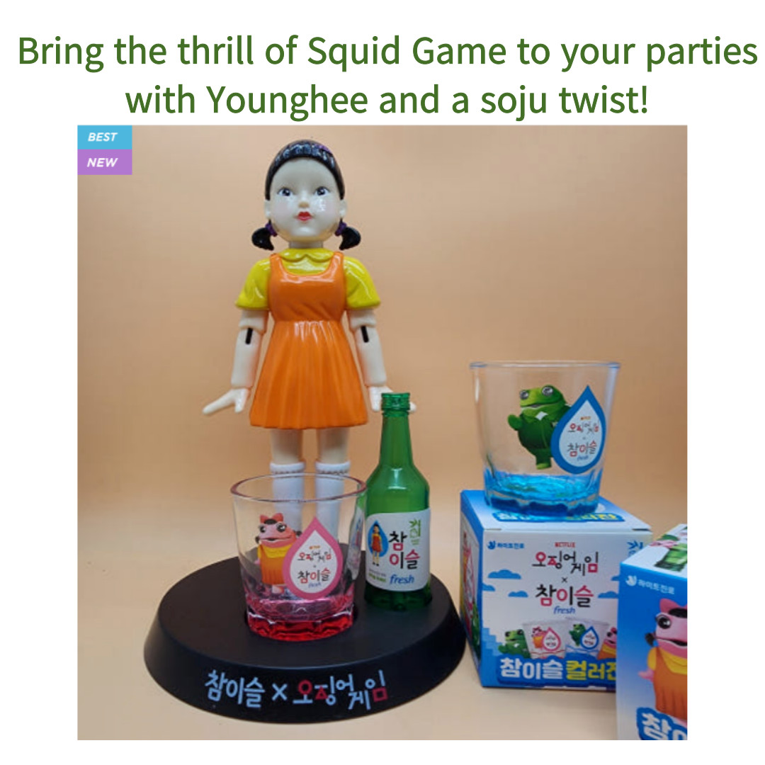 Juego de Calamares Younghee Jinro  Soju Coreano Juego de Beber Figura de Juguete y 1 Vaso