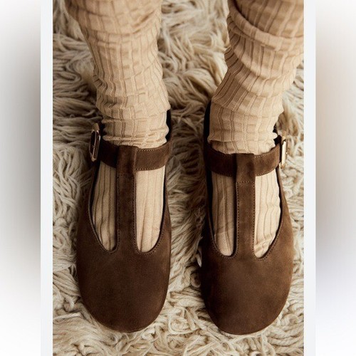 Zara Genuine Suede Leather Mary Jane Flat Ballet Brown Chocolate Sandals 40 9