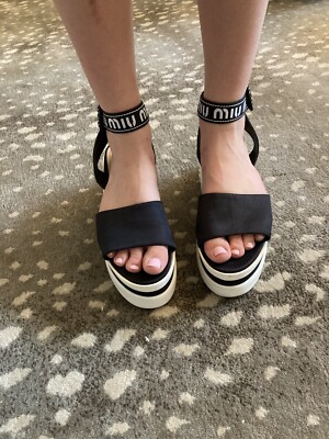 Miu Miu Black White Logo Synthetic Nylon Platform Sandals Women's