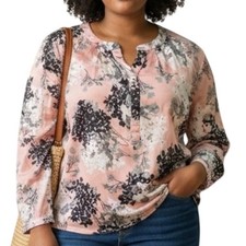 Talbots Woman Floral Blouse Womens Size 1X Pink Gray Black V-Neck Career Top