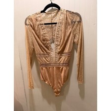 Lulus Tan Beige Lace Long Sleeve Plunging V-Neck Bodysuit NWT Large