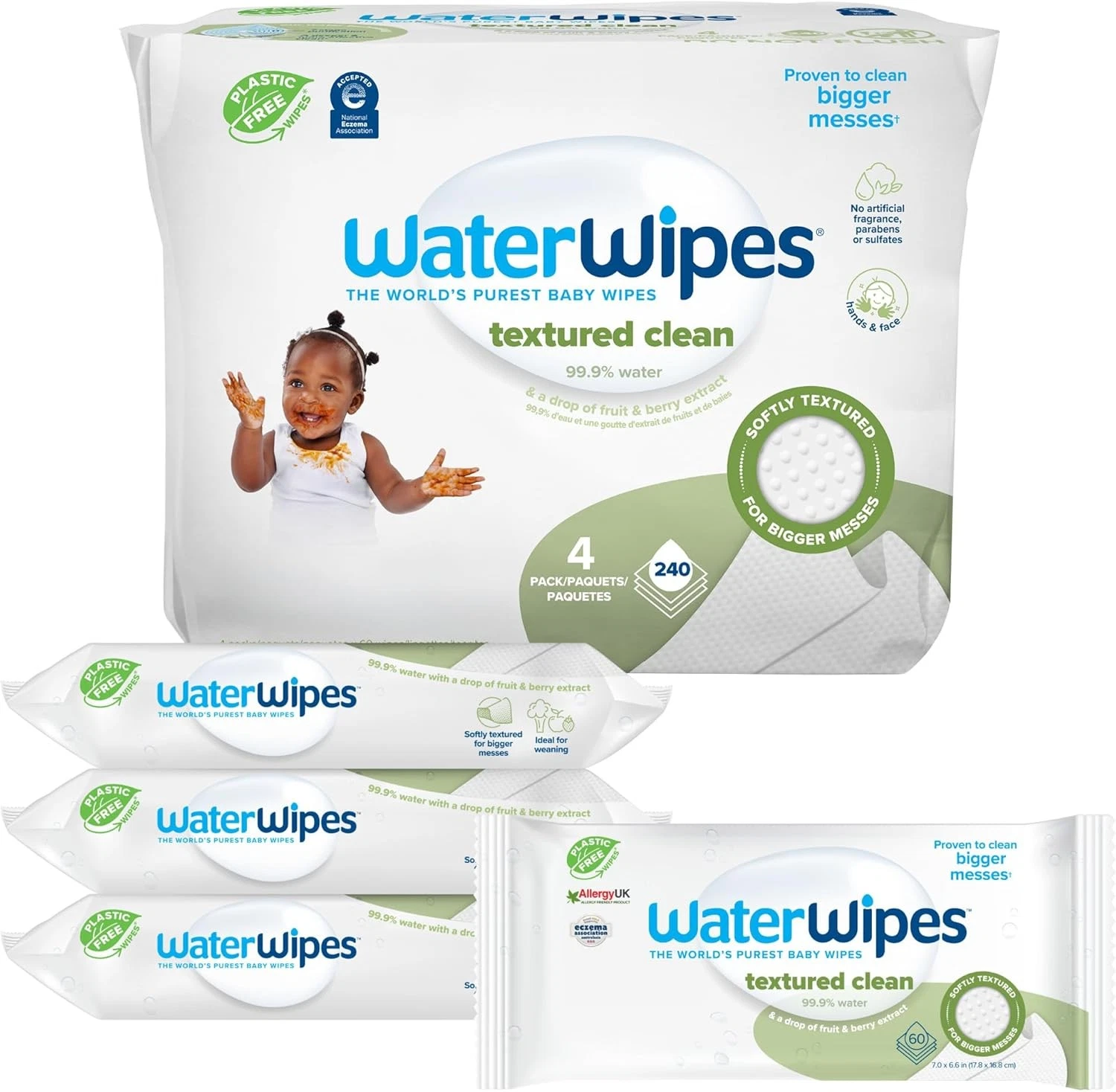 WaterWipes Plastic-Free Textured Clean, Toddler & Baby 60 Count (Pack of 4)