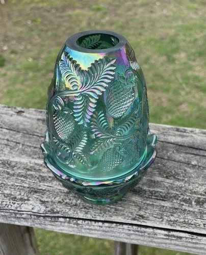 RARE!!!  Fenton Iridescent Green Carnival Glass Pinecone Candle Holder