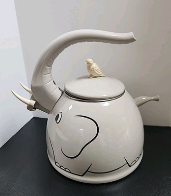 Vintage Kamenstein Elephant Enamel Whistling Tea Kettle w/Bird Lid