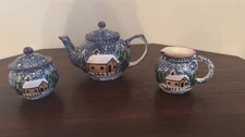 Vintage Tea, Creamer And Sugar Cabin Blue  Ceramic Set