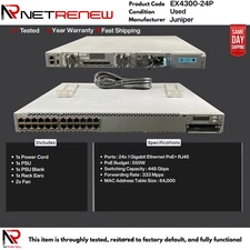 EX4300-24P  Juniper  PoE+  24 Ports+  4x QSFP+ Uplinks Switch