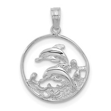 14K White Gold Double Dolphin Circle Beauty Pendant L 22mm, W 15mm