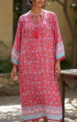 Natural Life Dara Floral Tassel Kaftan 3/4 Sleeve Maxi Dress Large Cottagecore