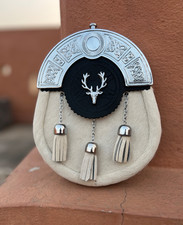 Scottish White Fur Dress Sporran with Stag Head Cantle and 3-Tassels