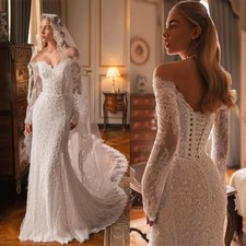 Elegant Wedding Dress Lace Mermaid Bridal Gowns Lace Up Illusion Long Sleeves