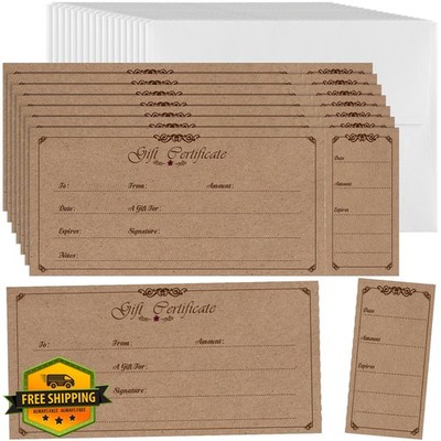 Sinmoe Gift Certificates and Envelopes, 50 Sets, Classic Style, 4.72x2.36''