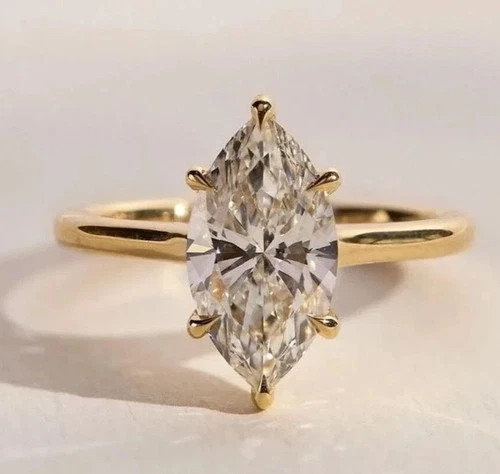 Elegant Ring 14k Yellow Gold 2 Carat IGI Lab Grown Diamond Maruqise Cut E F VVS2