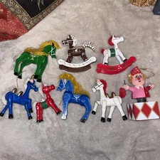 Vintage Christmas Lot Of 8 Assorted Rocking Horses Wooden Ornaments 3" See Pics