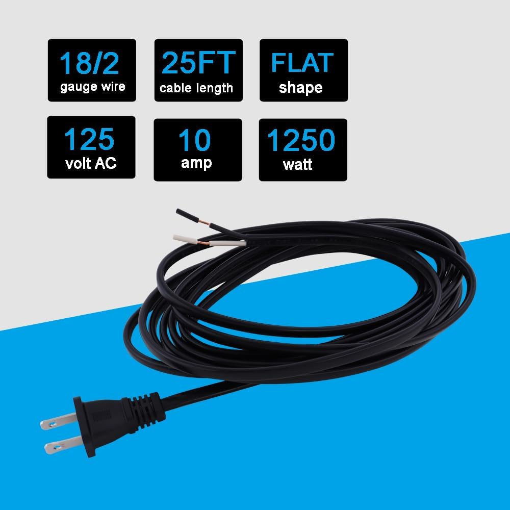 25FT Replacement Power Cord 18AWG Flat Shape Pigtail 2 Prong Plug