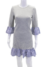 Eliza J Womens Striped Trim Crew Neck Zip Back 3/4 Sleeve Dress Gray Blue Size 4