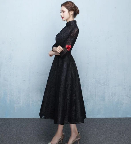 Chinesischer Stil Spitze Blumen Langarm schwarz Kleider Damen formell Cocktailkleid - Bild 6 von 17