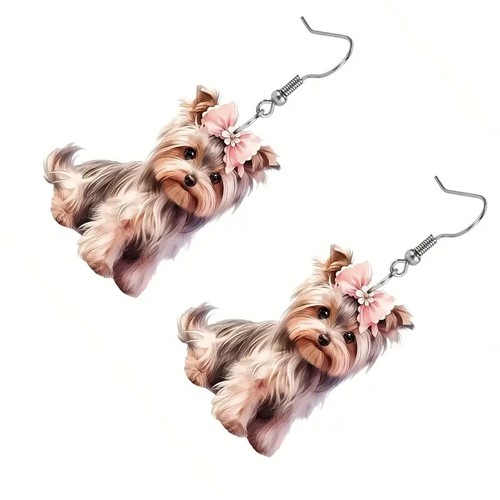 Stylish Yorkshire Terrier Dog Design Dangle Earrings Cute Pink Flower Gift New - Picture 3 of 4