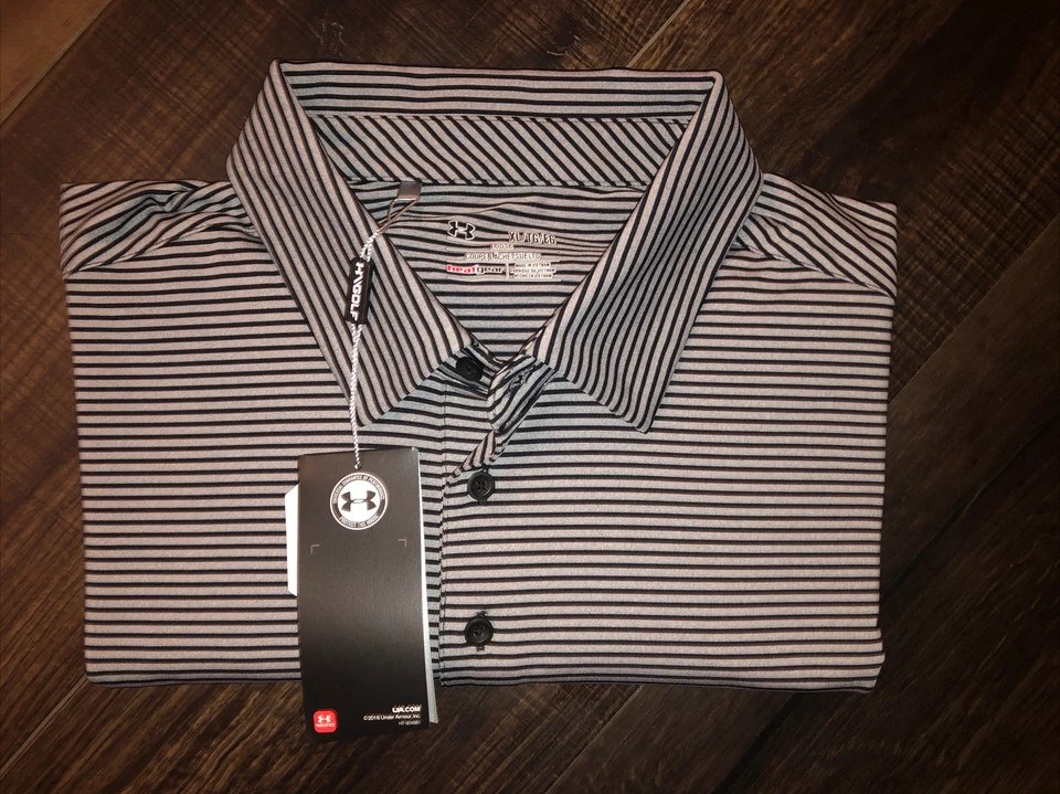 Men's Under Armour Kirkby Golf Polo Heat Gear Loose Gray Black Stripe XL NEW TAG - Image 4 of 4