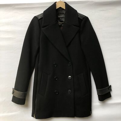 Mackage Wool Blend Pea Coat with Leather Trim and Side Zipper Vent Details S P