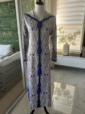 Moroccan Jellaba Silk Embroidered Blue Paisley Print Women Djellaba Size S/M