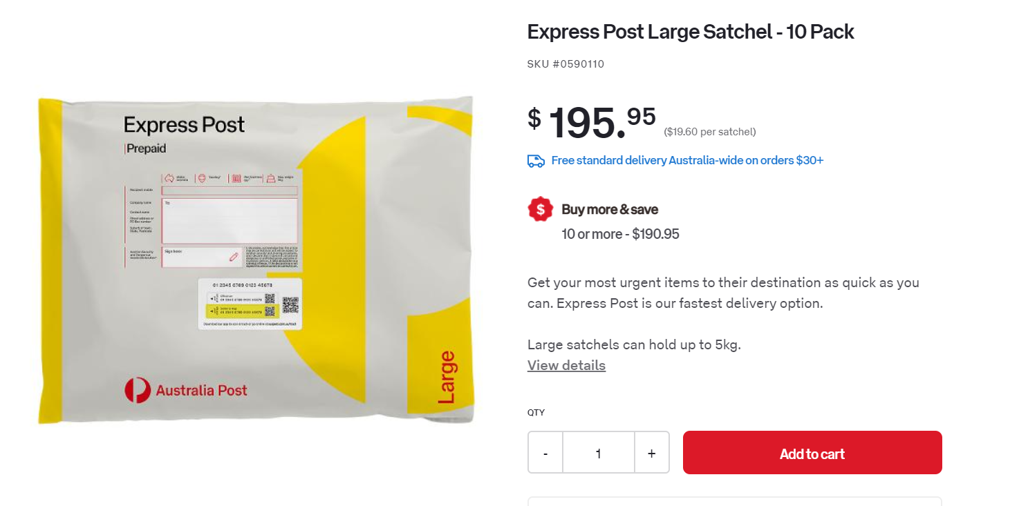 Australia Post Express Large Satchel (Pack of 10) Fit Up To 5kg Prepaid