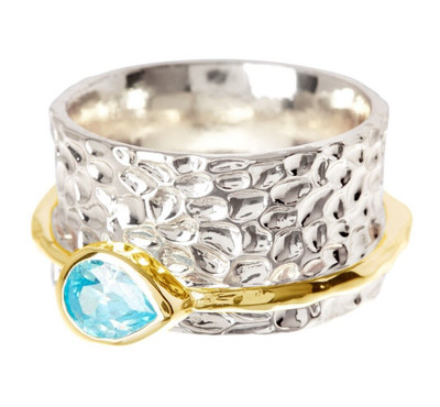 Blue CZ & Two-Tone Spinner Ring for Women & Men Gift Daily Jewelry