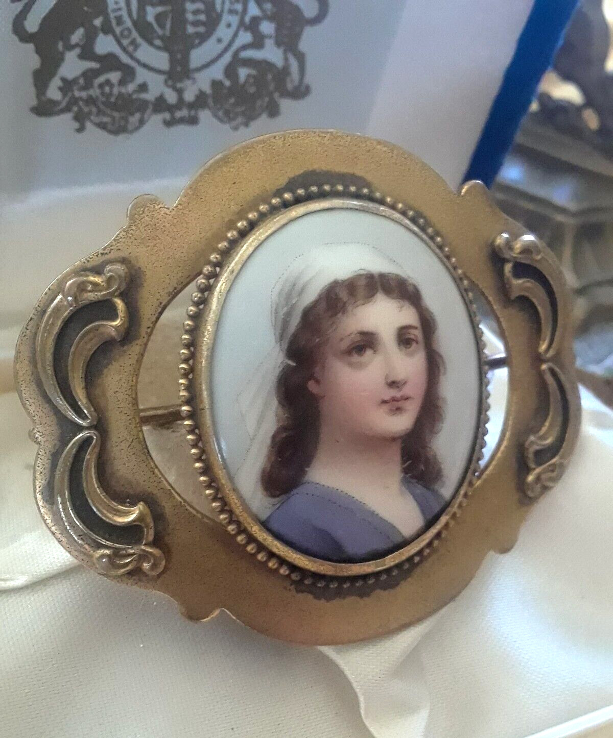 Antique Art Nouveau HP Porcelain Portrait 3" Sash Pin… Gem