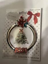 2024 Metal Mini Photo Picture Ornament Silver Circle. Poinsettia By Studio Decor