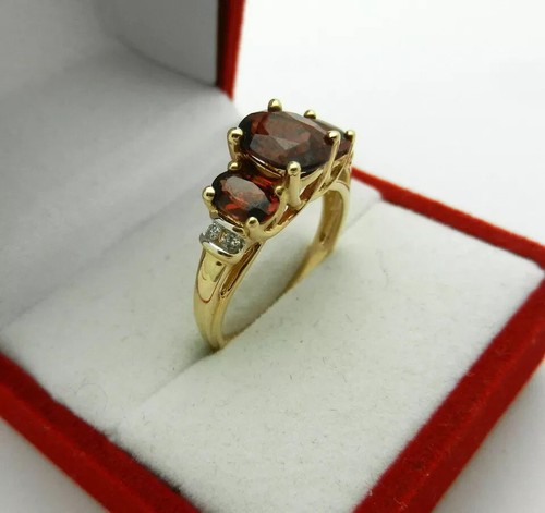 3Ct Oval Cut Red Garnet Three Stone Women's Engagement Ring 14K Gold Plated - Picture 4 of 6