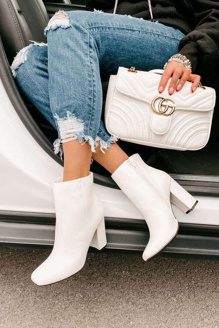 New Women's White Ankle Booties Boot Square Toe Chunky Block High Heel w/Zipper