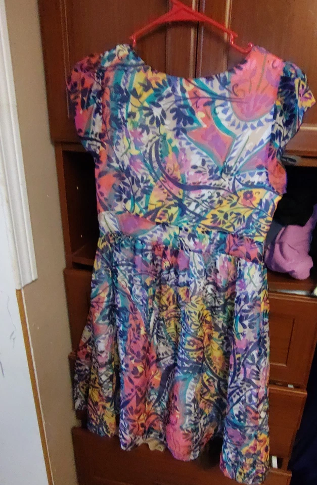 Vestido recto halógeno blanco floral de verano mangas gorra mediano RN#58565 100 % seda Foto 4 de 4