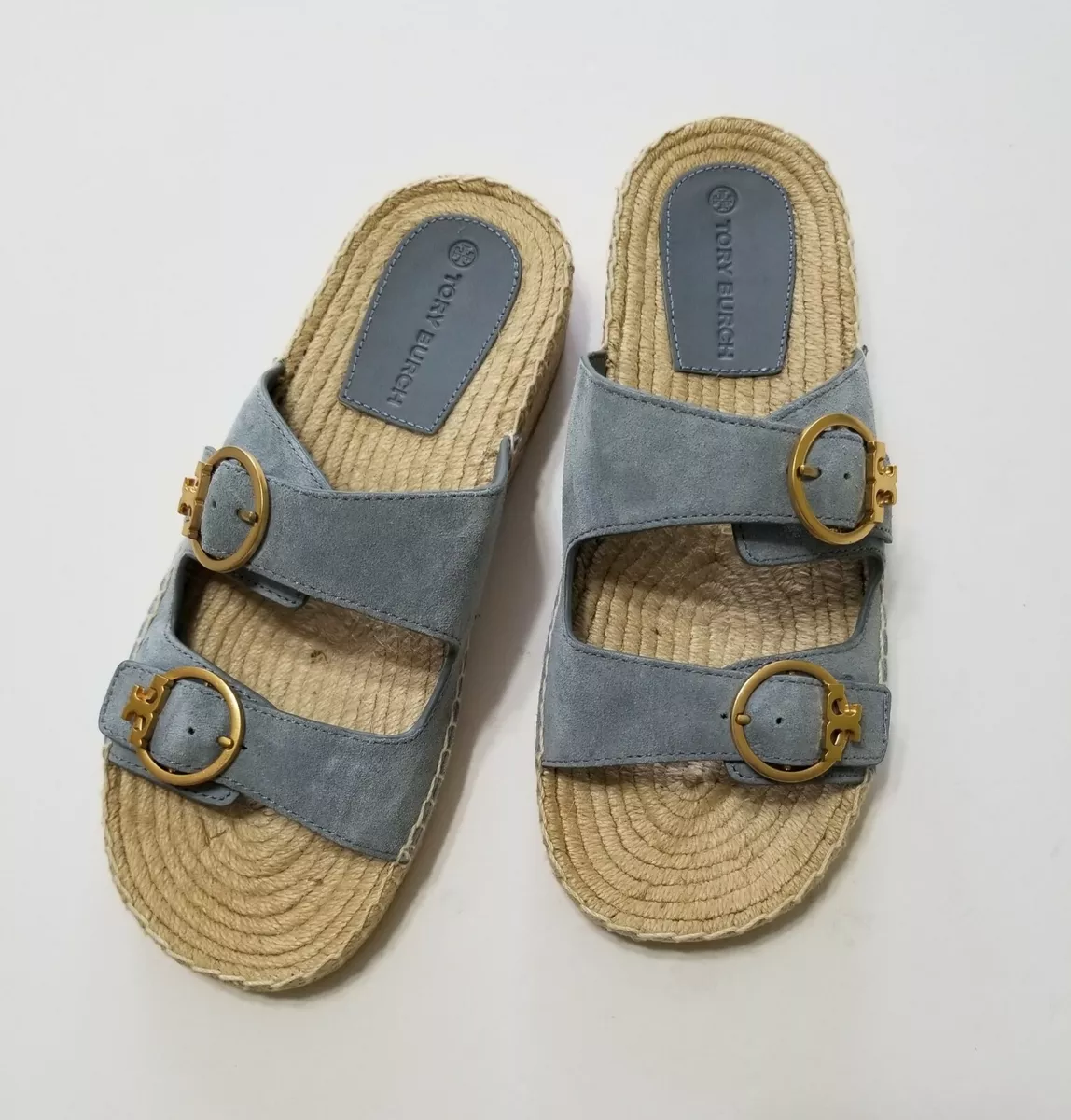NEW Tory Burch Selby Two Band Espadrille Slide Sandal Blue Size