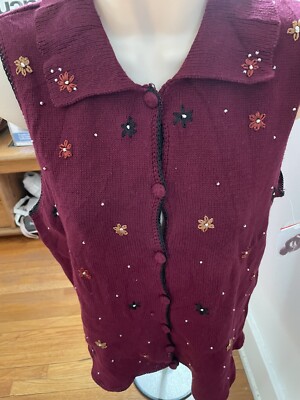 NWOT Classic Elements Womens Sweater Vest Red Size S Embroidered Beaded Floral