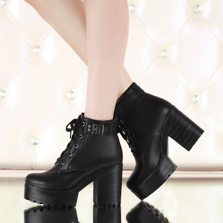 2016 Womens chunky heel platform lace-up punk goth creeper ankle boots  shoes