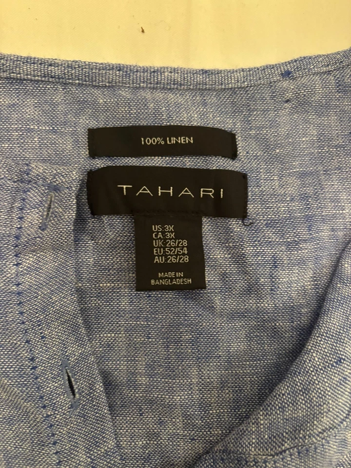 Tahari 亚麻束腰上衣女式 3X 码纽扣卷片蓝色 — 第 2/4 张图片