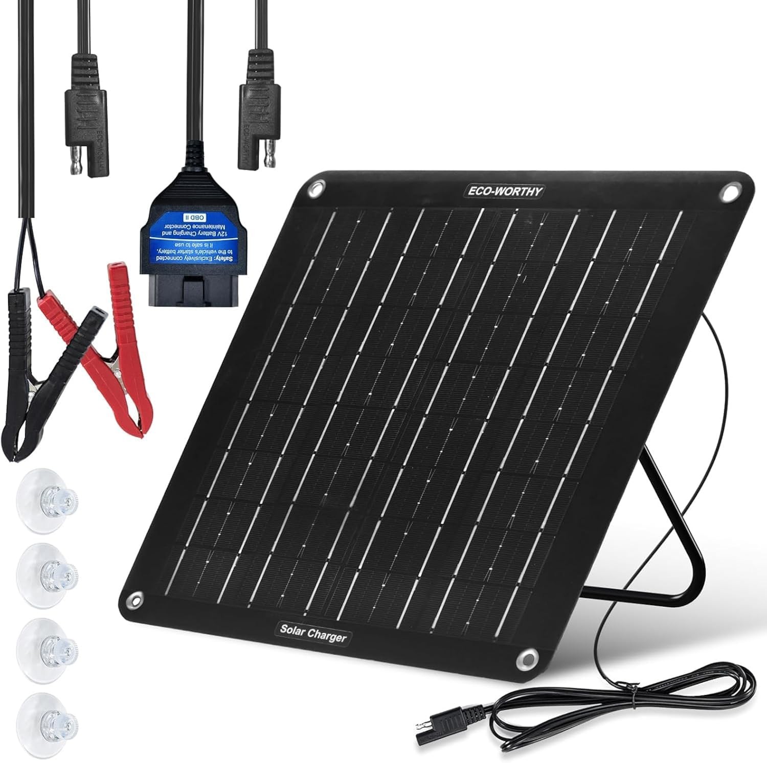10W Solar Car Battery Trickle Charger Maintainer Waterproof 12V OBD2 Kit with