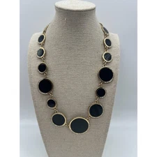 Charming Charlie Gold Black Enamel Rhinestone Disc Circles Formal Necklace