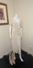 REFINED Grey Maxi Dress Beige Ribbed Knit Ruched Button Front Short Sleeve Sz L