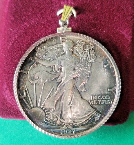 Walking Liberty - 1987 US Silver Eagle Dollar Coin Pendant - 1 Ounce Fine Silver