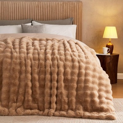 Lotus Karen Queen Size Faux Fur Blanket Khaki - Big Bubble Rabbit Fluff Blank...
