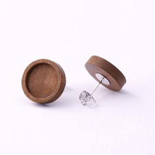 40pcs 12mm Brown Wood Stainless Steel cabochon Earring Stud Blank Bezels St...