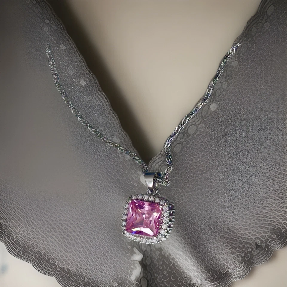 Collar colgante cadena plata de ley 925 estilo Art Deco nuevo circonita cúbica rosa joyería Foto 3 de 4