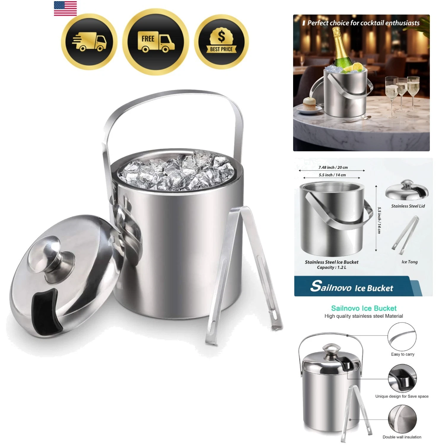 Ice Bucket Stainless Steel Double Wall Insulated 1.2L with Lid Tongs