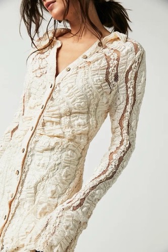 Free People Shayla Lace Mini Dress Cream Long Sleeve Sheer Ivory Size XL New - Picture 3 of 8