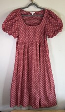 M&S Printed Square Neck Midi Waisted Dress UK 18 Regular Pure Cotton Red Mix