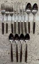 Vtg Interpur INR2 Stainless Brown Synthetic Wood Handle MCM Flatware 13 Pieces