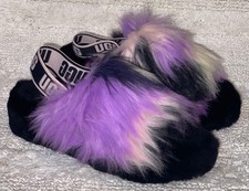 UGG Fluff Yeah Slide Tie Dye Fur Lined Slippers Sandals w/ Strap NEW Womens Sz 6