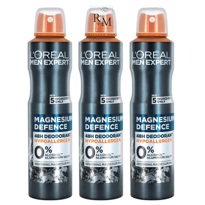 L'ORÉAL 3x 250ml XL LOreal Men Magnesium Defence Hypoallergenic Antiperspirant Deodorant