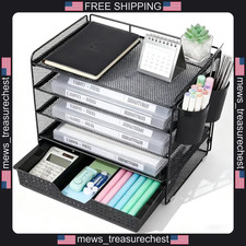Desk Organizer 5-Tier Paper Letter Tray with Drawer  Pen Holders Black