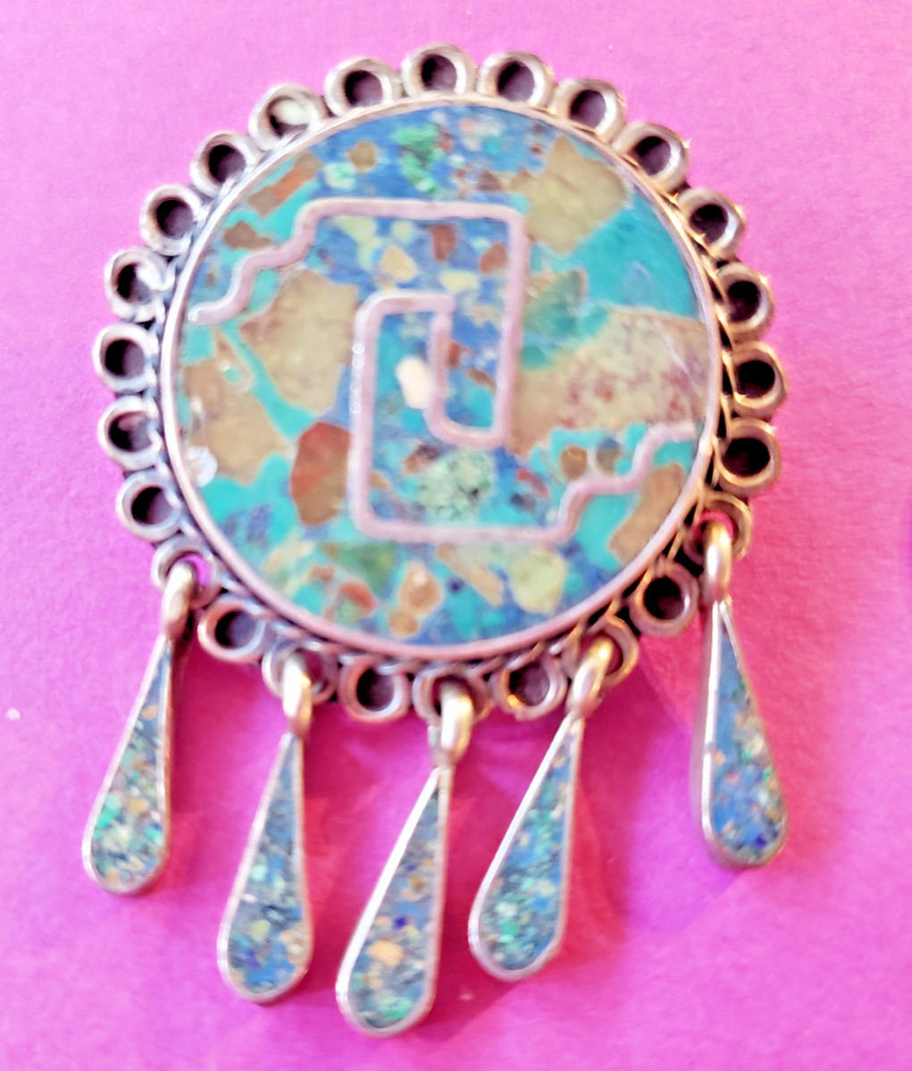 Native Sterling Crushed Turquoise Dangles Brooch/… - image 1